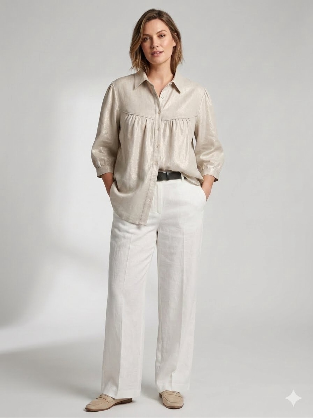 Style & Co. Women Blouse Linen Woven Button-Up Collared 3/4 Puff Sleeve Boho
